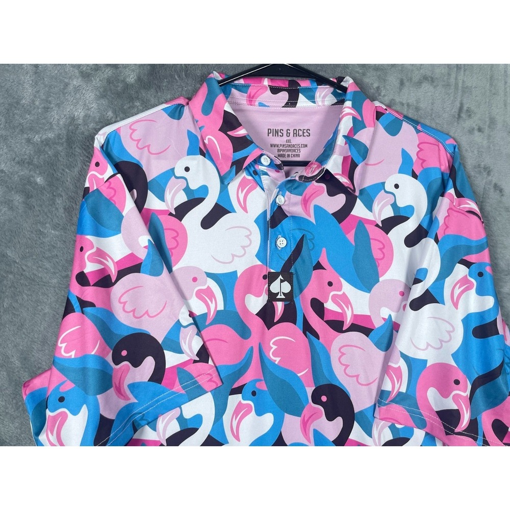 Pins & Aces Men's Performance Flamingo Print Golf Polo Shirt Blue Pink Size XXL
